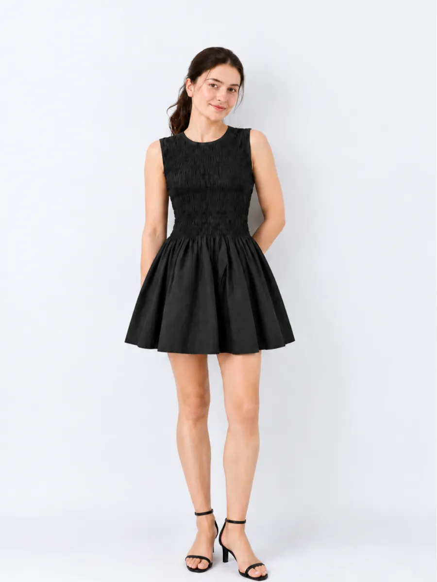 Black Smocked Fit-and-Flare Mini Dress