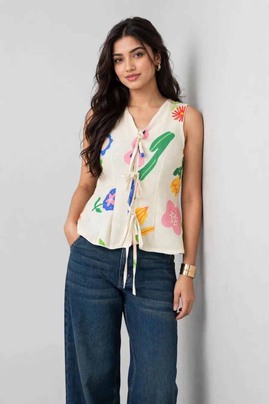 Picture of Bloom Pop Tie-Up Cotton Top - Sleeveless Floral Peplum Top for Women