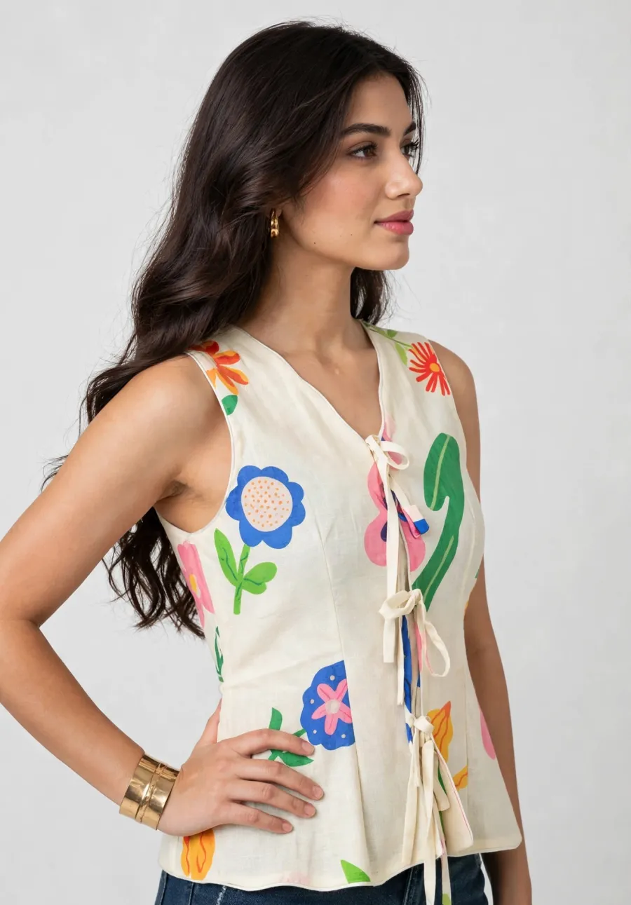 Picture of Bloom Pop Tie-Up Cotton Top - Sleeveless Floral Peplum Top for Women