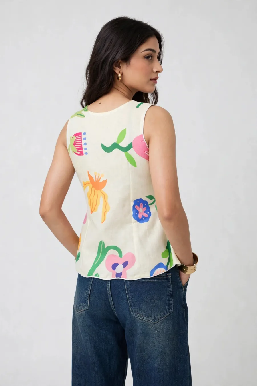 Picture of Bloom Pop Tie-Up Cotton Top - Sleeveless Floral Peplum Top for Women