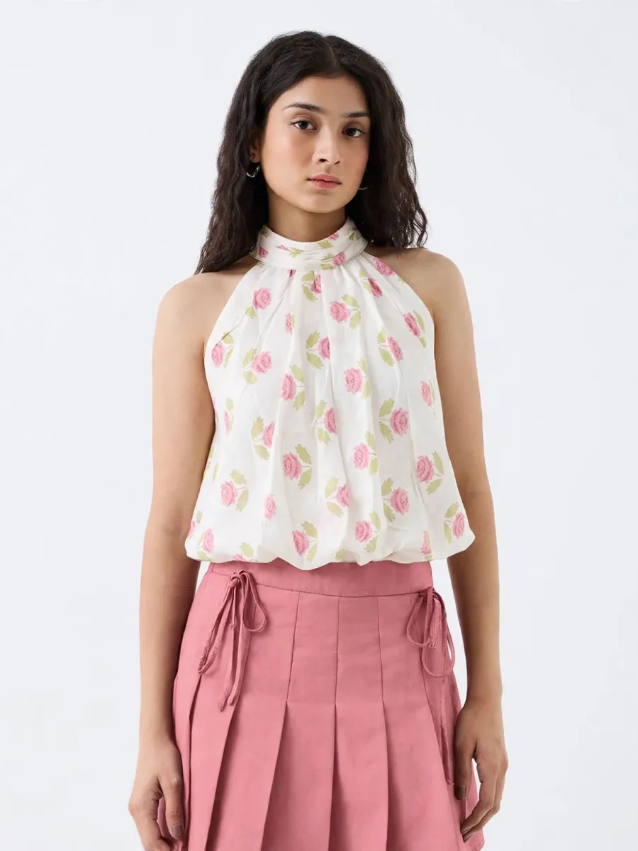 Picture of Blush Rose Halter Neck Top - Floral Tie-Back Bubble Top for Women