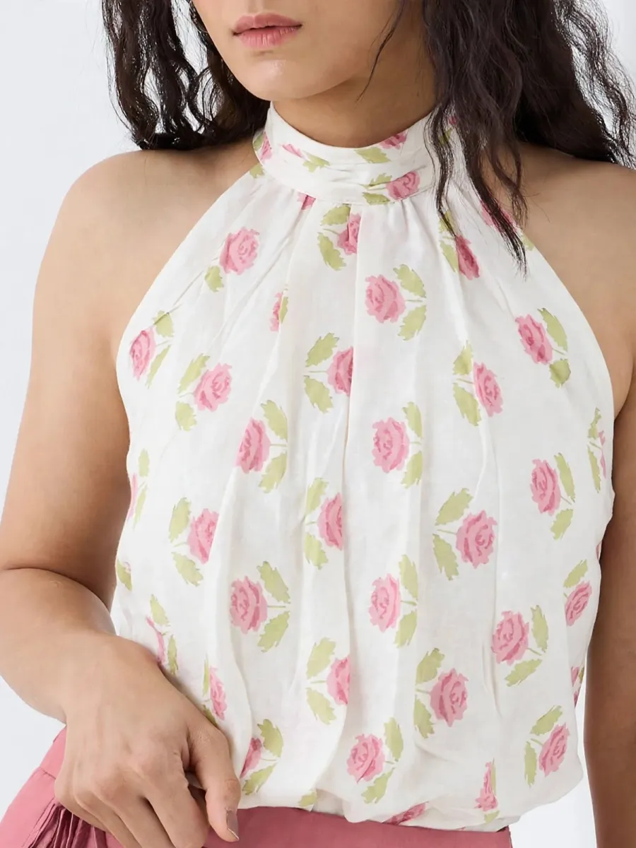 Picture of Blush Rose Halter Neck Top - Floral Tie-Back Bubble Top for Women