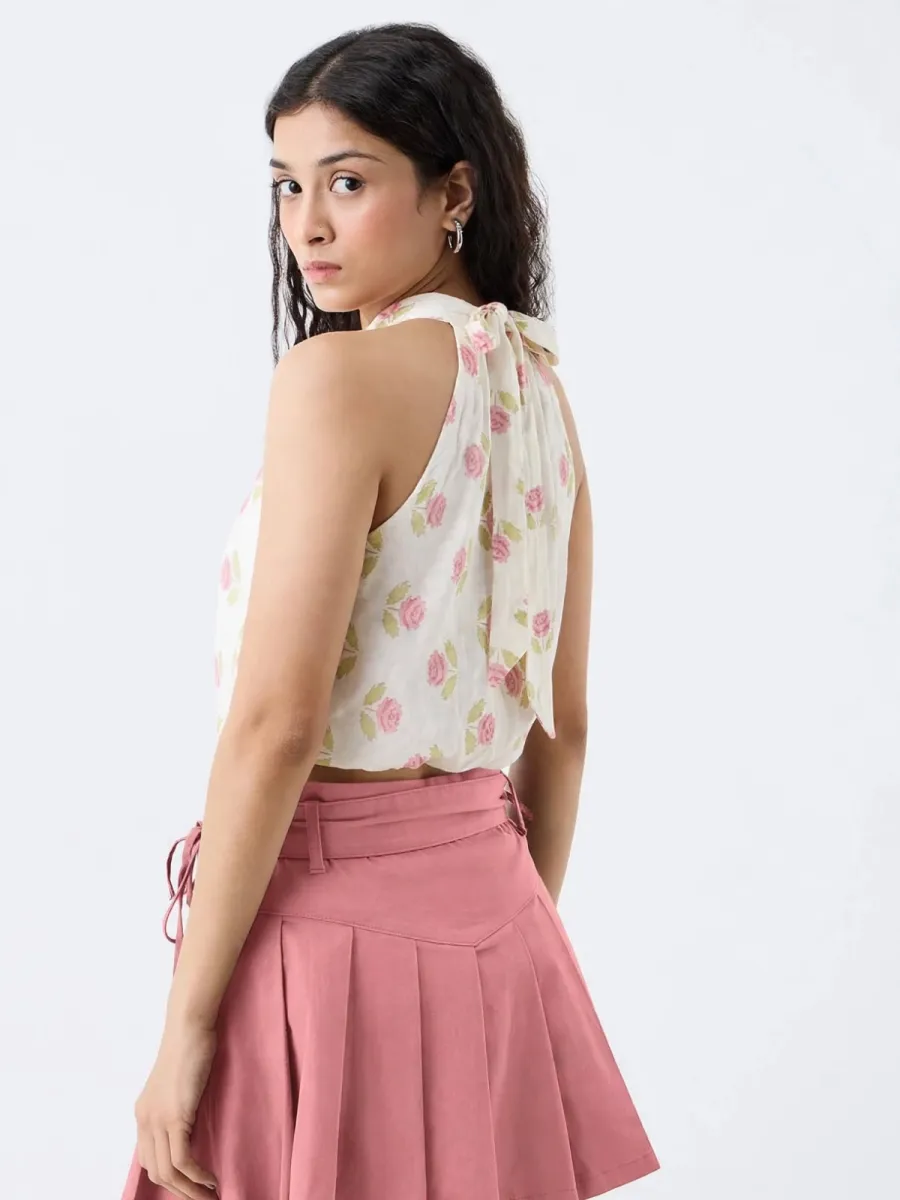 Picture of Blush Rose Halter Neck Top - Floral Tie-Back Bubble Top for Women