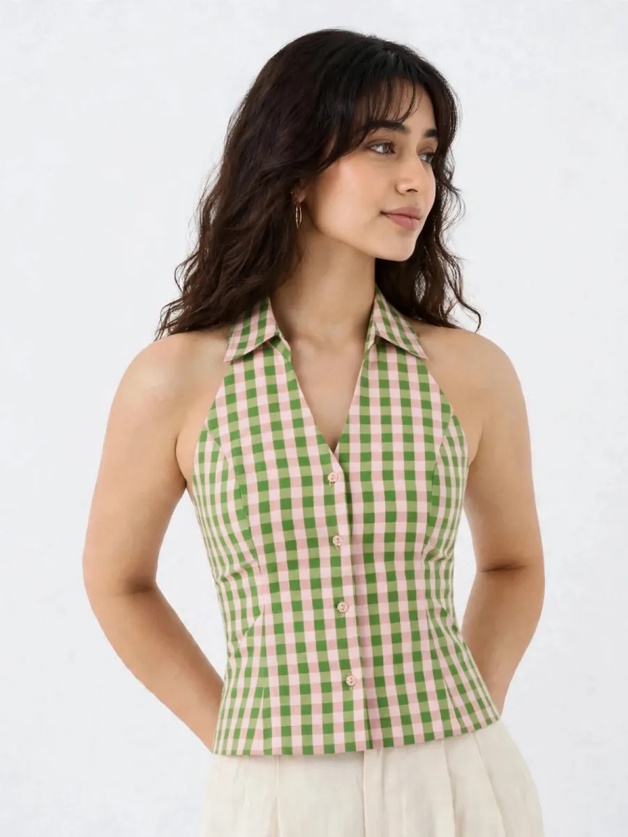 Picture of Green & Pink Gingham Halter Neck Cotton Top