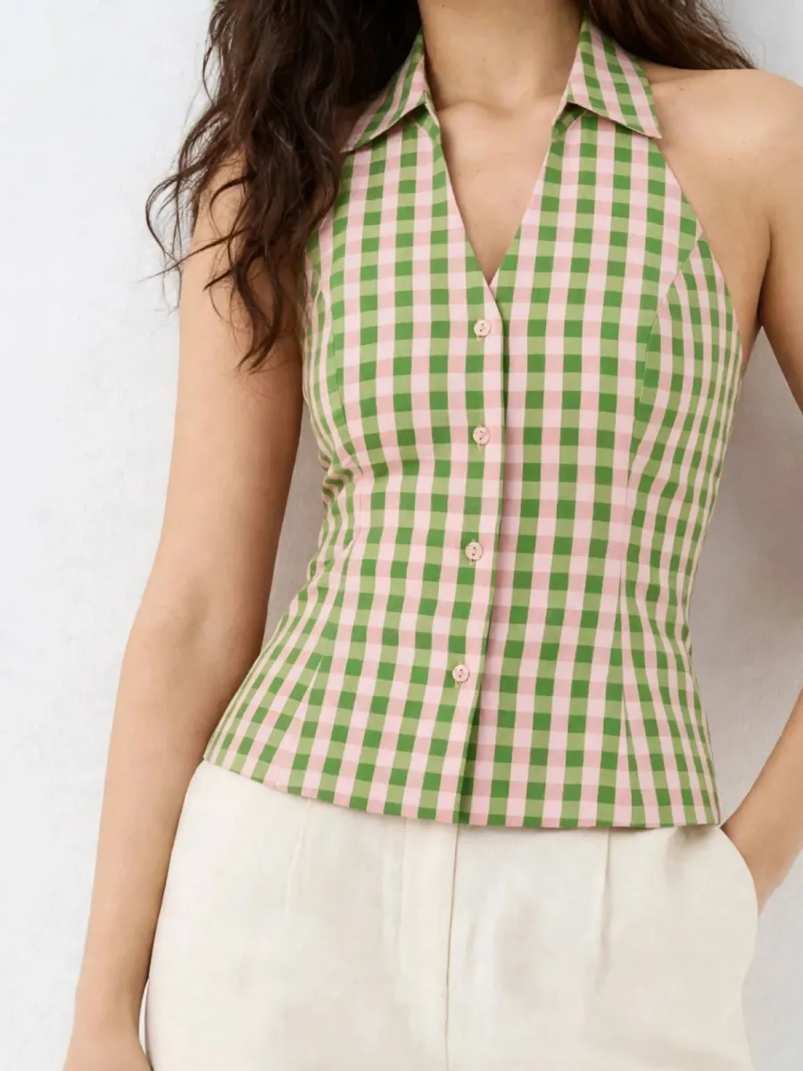 Picture of Green & Pink Gingham Halter Neck Cotton Top