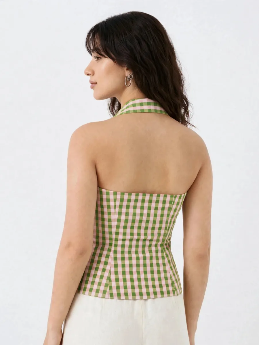 Picture of Green & Pink Gingham Halter Neck Cotton Top