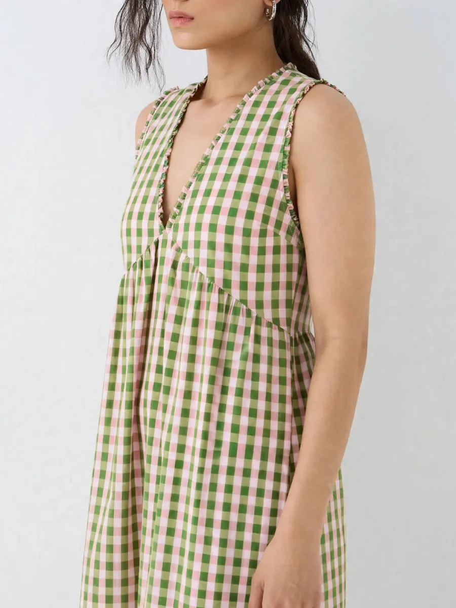 Picture of Green Pink Gingham Mini Dress - V-Neck Bubble Hem Cotton Dress
