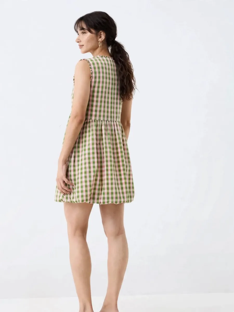 Picture of Green Pink Gingham Mini Dress - V-Neck Bubble Hem Cotton Dress