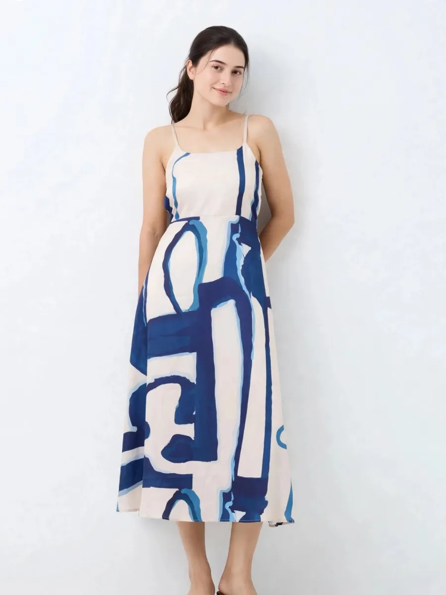 Indigo Abstract Strappy Dress - Smocked Back Modal Dress