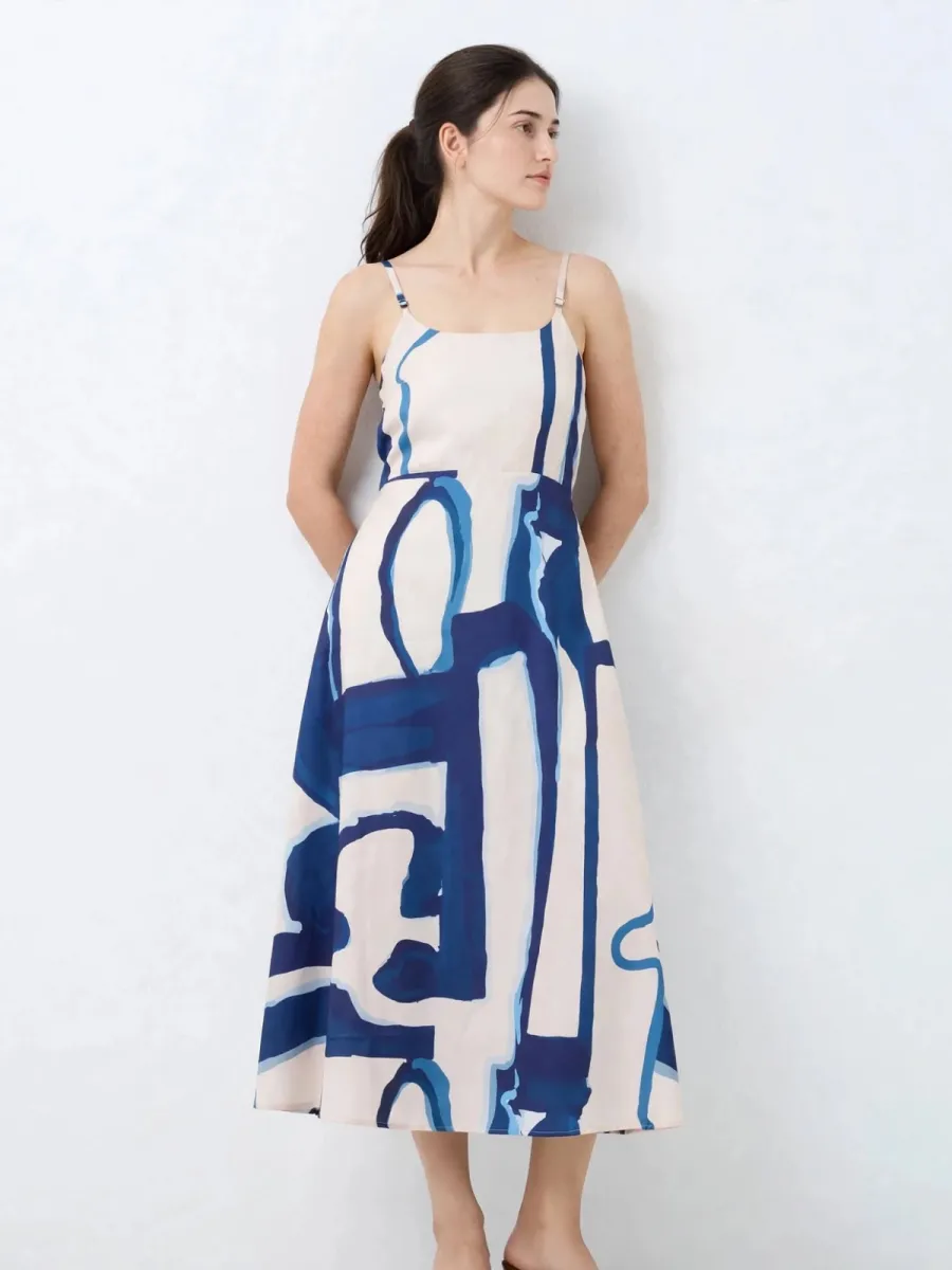 Picture of Indigo Abstract Strappy Dress - Smocked Back Modal Dress
