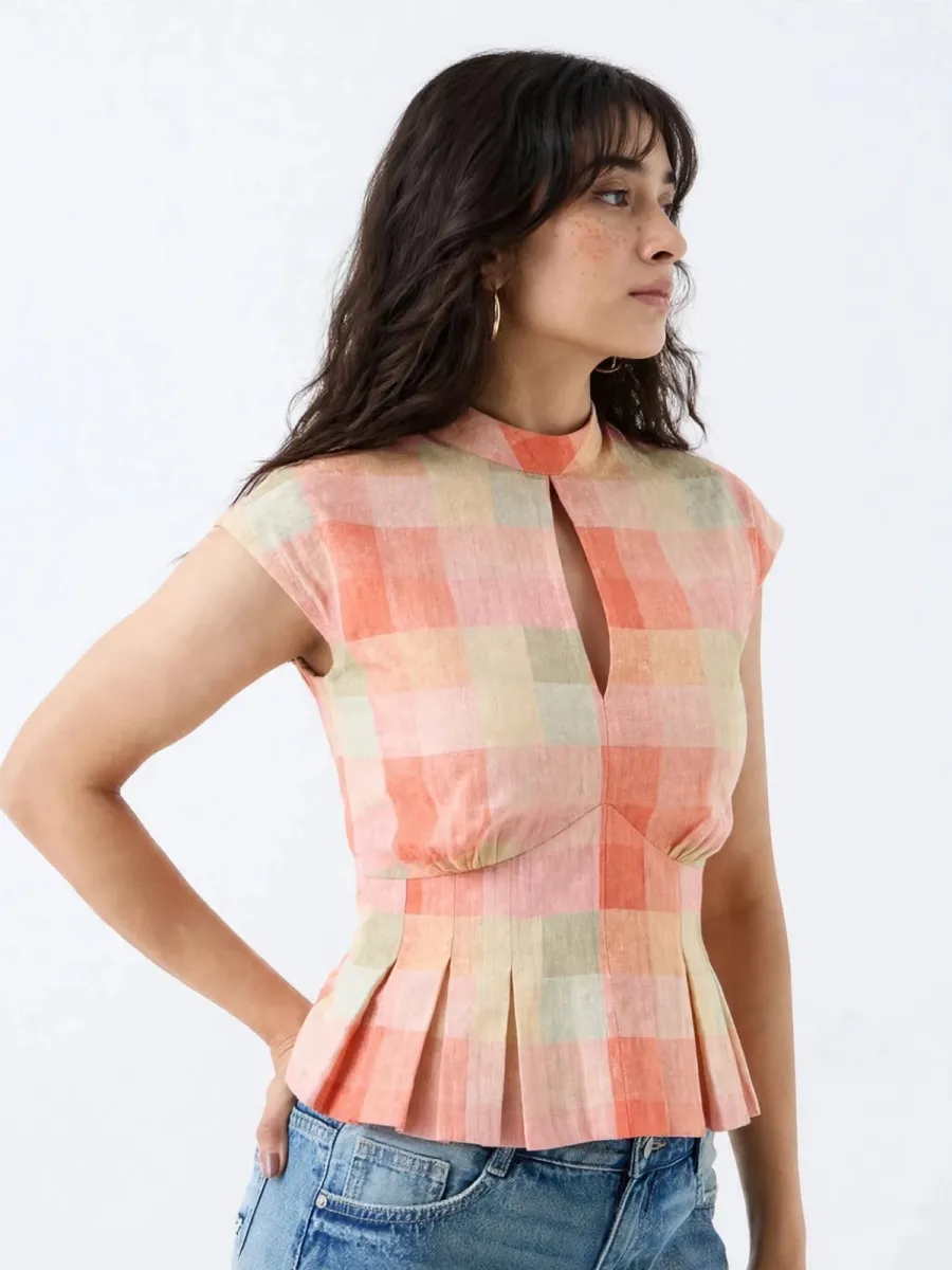 Picture of Peach Pastel Check Peplum Top - Keyhole High Neck Cotton Top