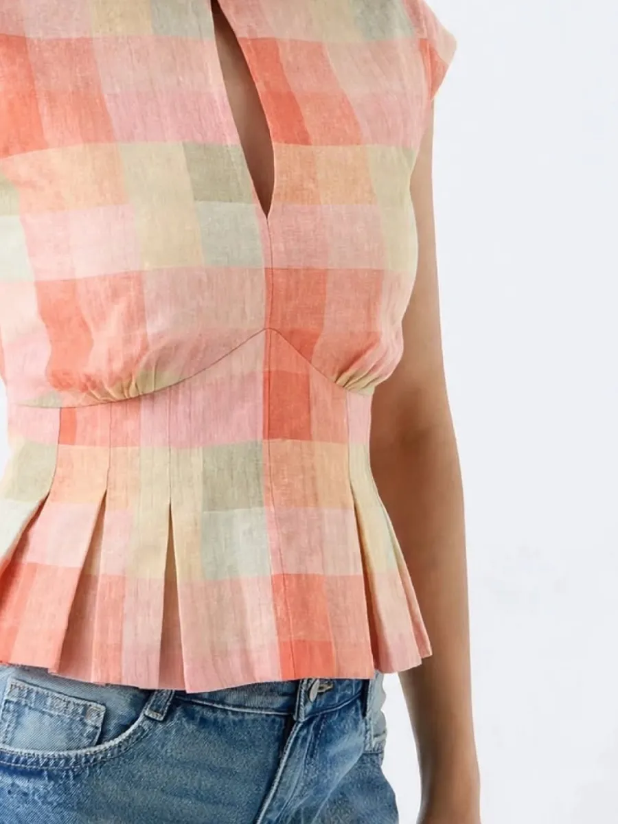 Picture of Peach Pastel Check Peplum Top - Keyhole High Neck Cotton Top