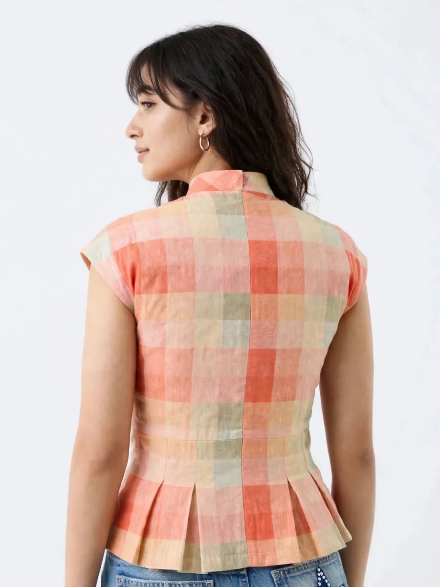 Picture of Peach Pastel Check Peplum Top - Keyhole High Neck Cotton Top