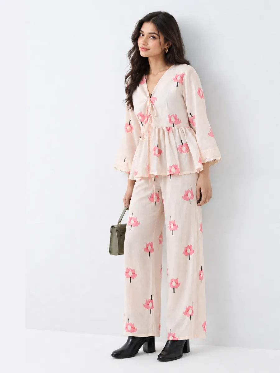 Pink Lotus Tie-Front Peplum Top - Cotton Bell Sleeve Top for Women