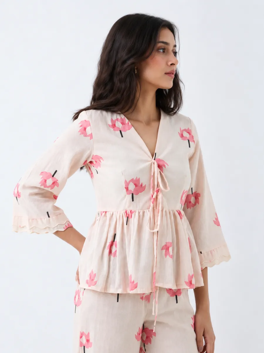 Picture of Pink Lotus Tie-Front Peplum Top - Cotton Bell Sleeve Top for Women
