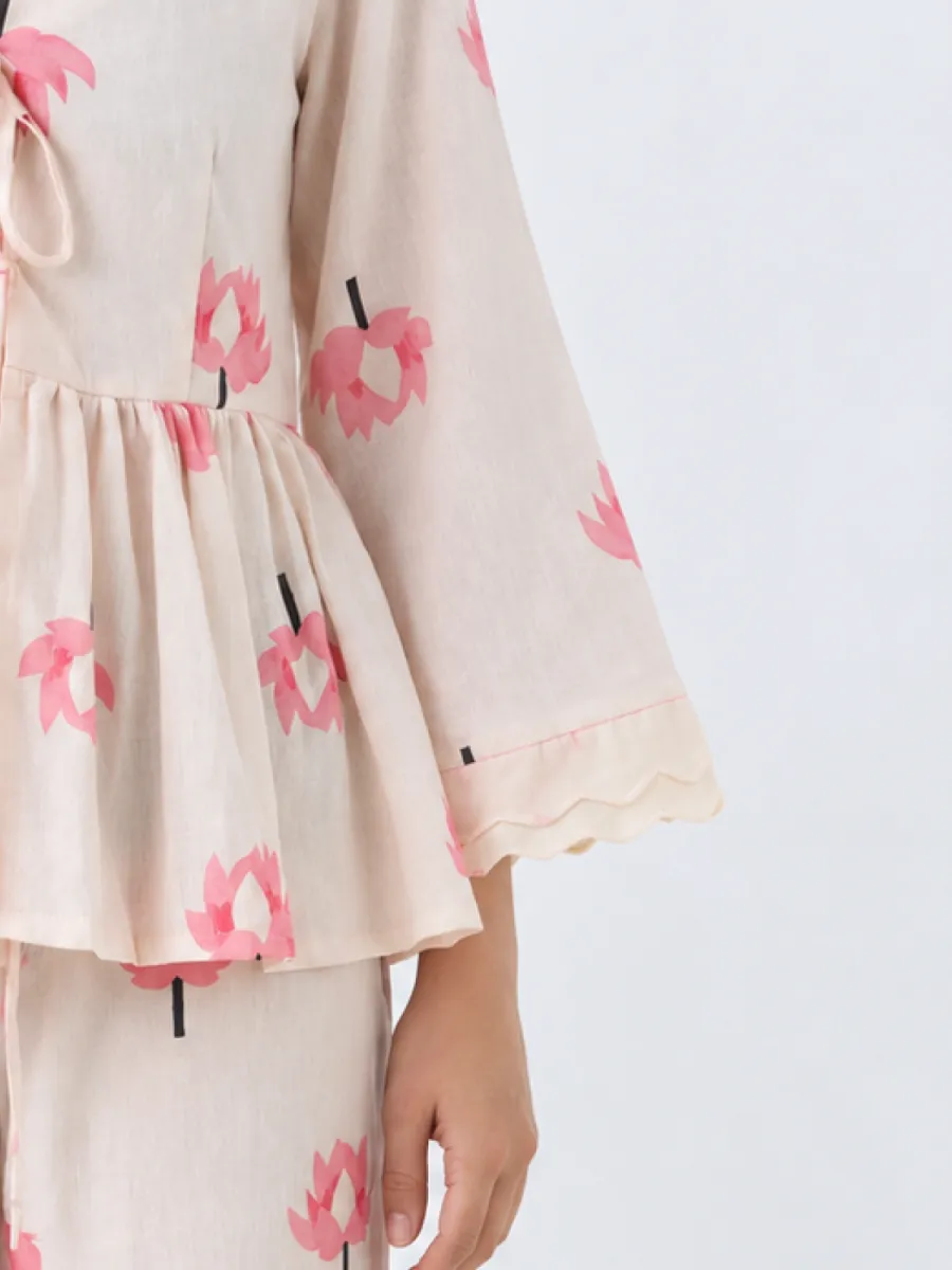 Picture of Pink Lotus Tie-Front Peplum Top - Cotton Bell Sleeve Top for Women