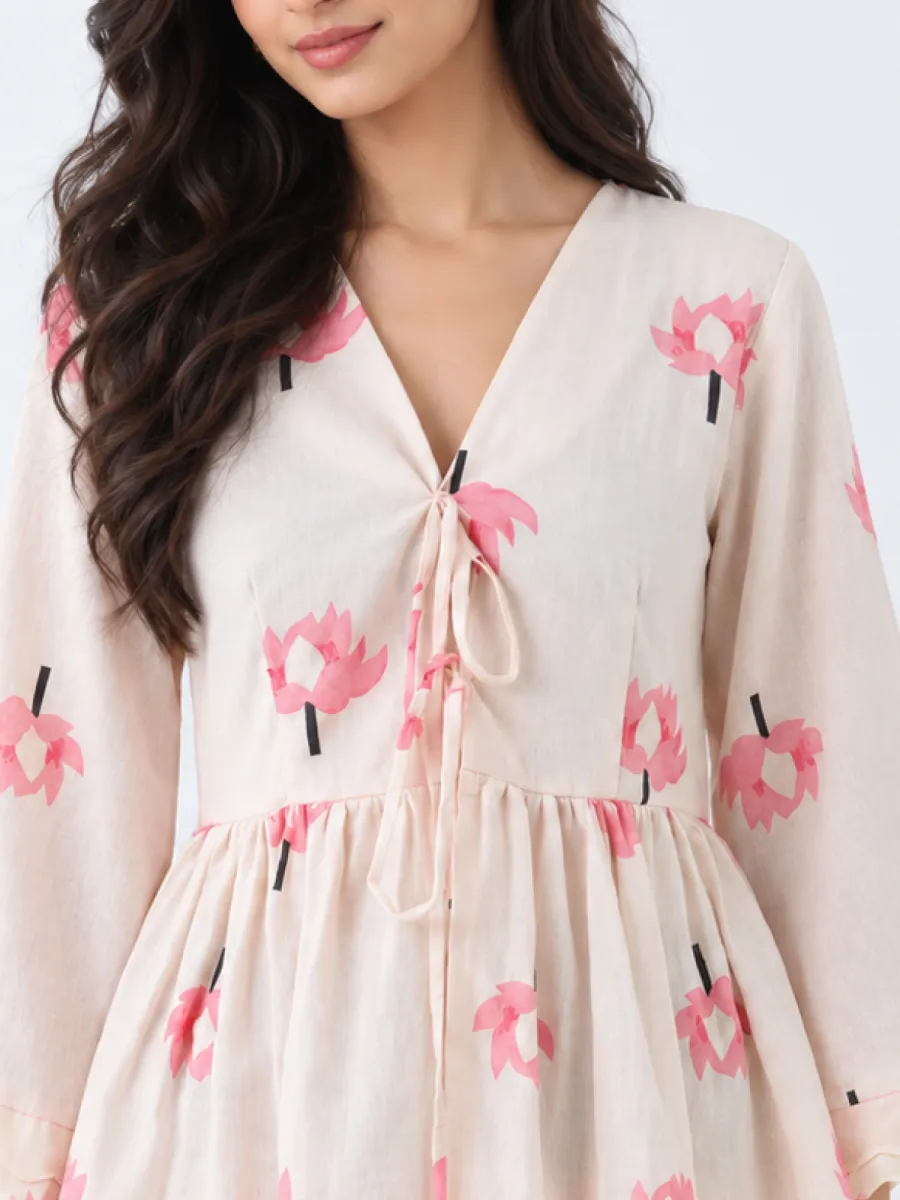 Picture of Pink Lotus Tie-Front Peplum Top - Cotton Bell Sleeve Top for Women