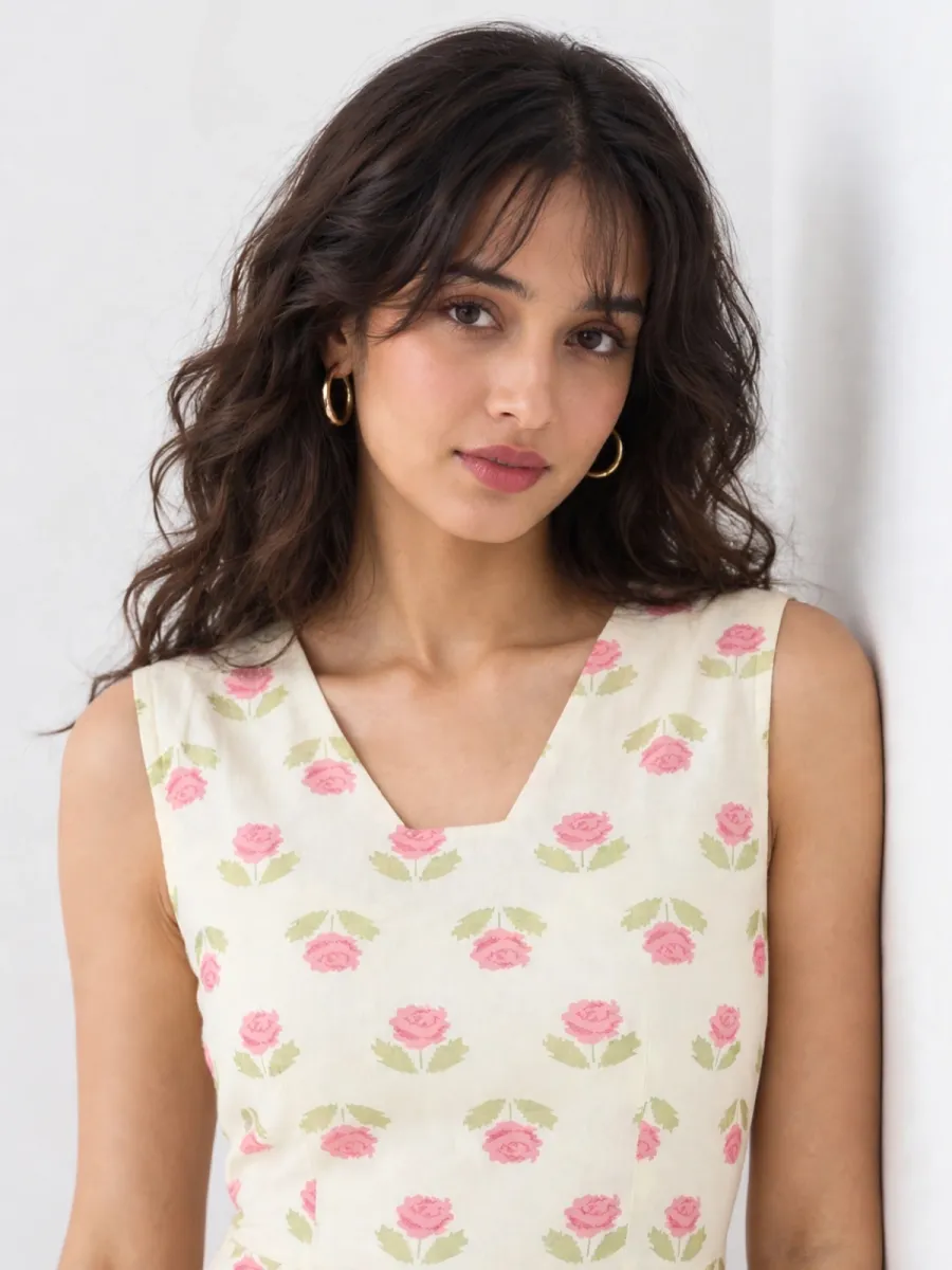 Picture of Pink Rose Print Pure Cotton Cut-Out Maxi Dress