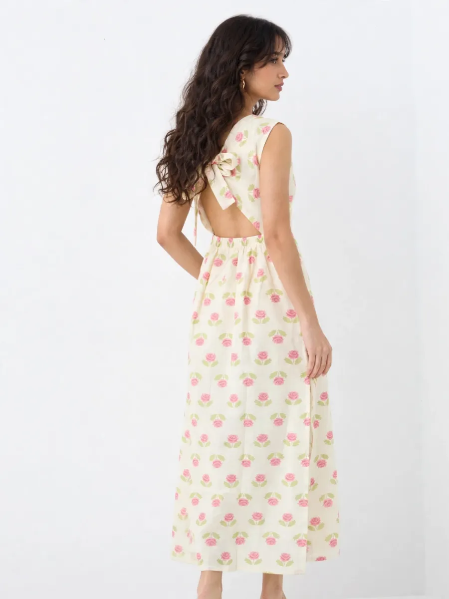 Picture of Pink Rose Print Pure Cotton Cut-Out Maxi Dress