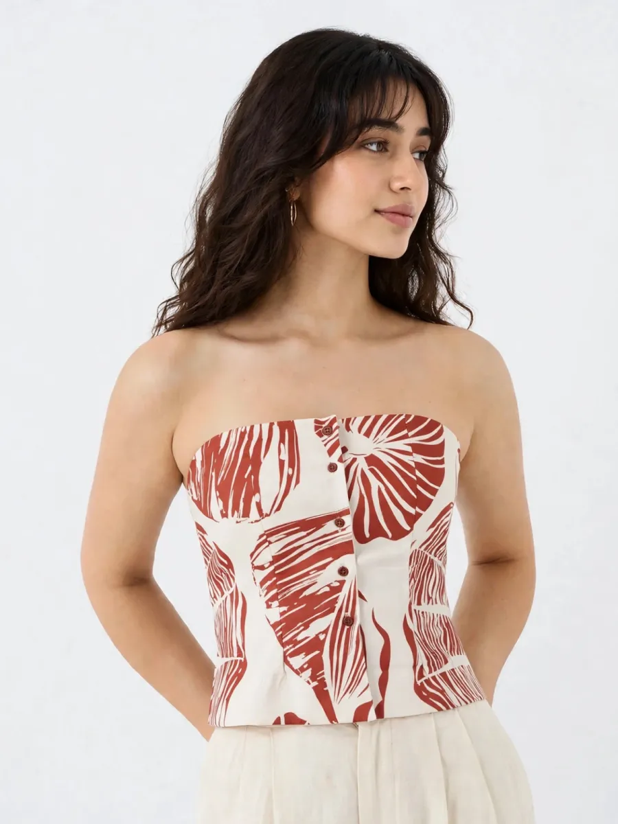 Picture of Rust Palm Strapless Corset Top -  Tropical Print Button Front Tube Top