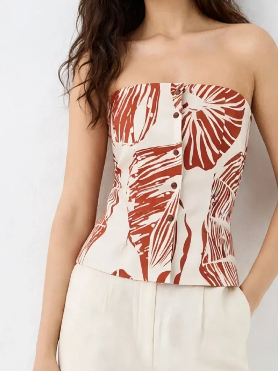 Picture of Rust Palm Strapless Corset Top -  Tropical Print Button Front Tube Top