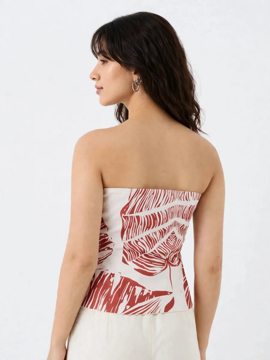 Picture of Rust Palm Strapless Corset Top -  Tropical Print Button Front Tube Top