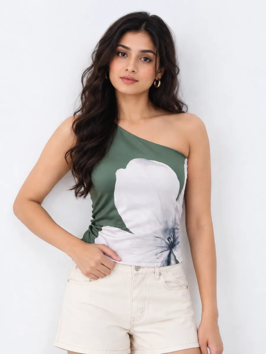 Picture of Sage Bloom One-Shoulder Top – Floral Printed Top for Women