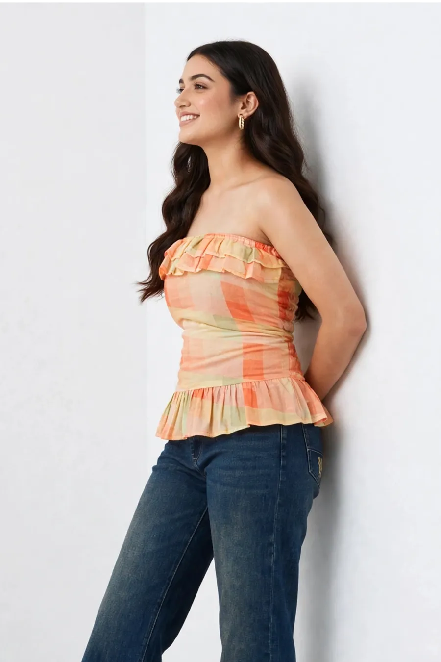 Picture of Sunset Check Ruffle Tube Top – Strapless Peplum Top for Women